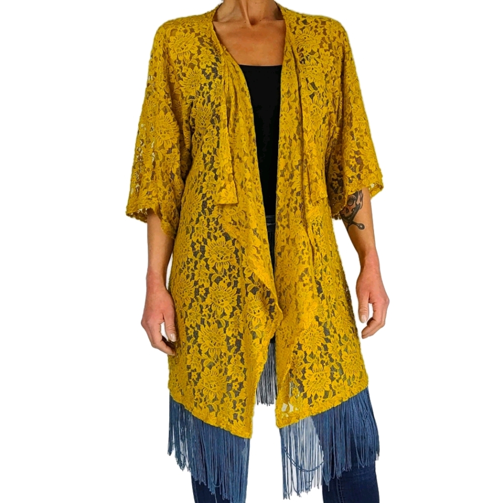 Last chances before donating-LulaRoe Lace And Fringe Kimono Cover Up Size Large